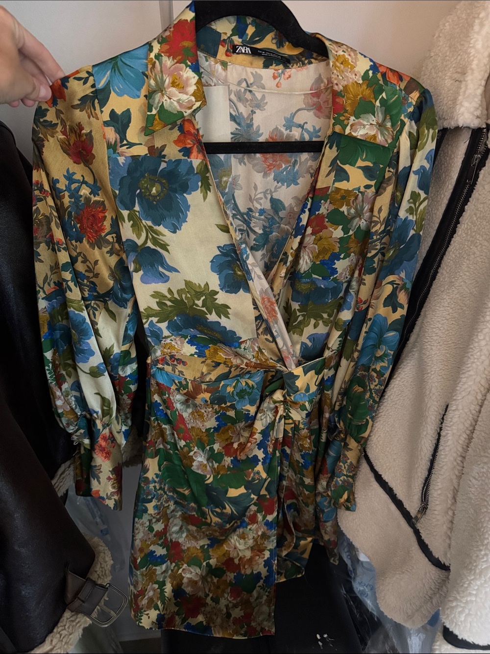 ZARA Floral Wrap Mini Dress in Cream, Blue & Green